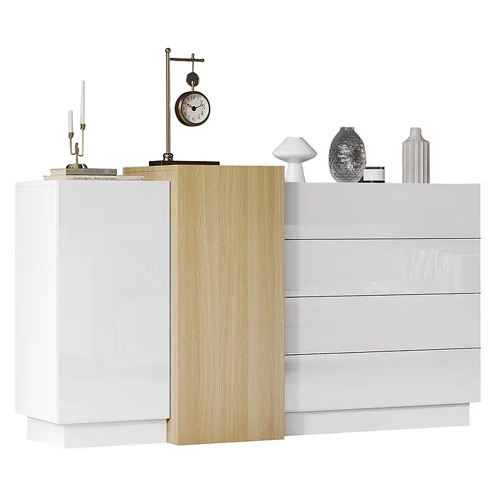 SONNENH Sideboard, MDF, 140 x 35 cm, Weiß -  - Weißes Hochglanz-Sideboard mit heller Holz-Akzentplatte und mehreren Schubladen und Türen, dekoriert mit verschiedenen Gegenständen.