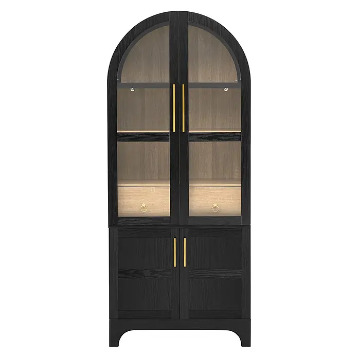 SONNENH Holz-Mehrzweckschrank, MDF und Glas, 76 x 40 cm, Schwarz -  - Dunkler, gewölbter Vitrinenschrank aus Holz mit Glastüren, goldenen Griffen und Innenbeleuchtung. Unten massive Staufächer.
