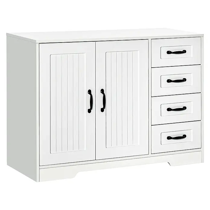 SONNENH Sideboard, MDF, 105 x 40 cm, Weiß -  - Weißer Aufbewahrungsschrank mit zwei Türen und vier Schubladen, alle mit schwarzen Griffen.