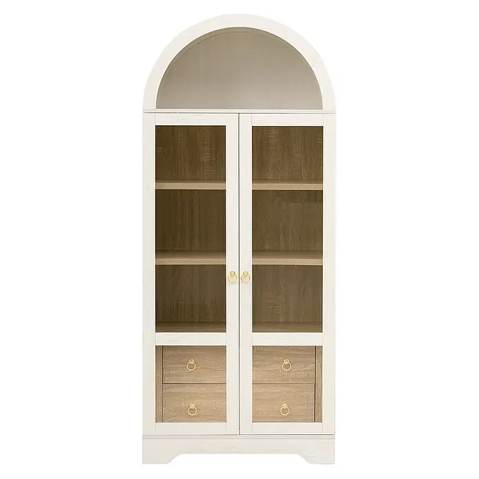 SONNENH Holz-Mehrzweckschrank, MDF und Glas, 76.2 x 40.1 cm, Weiß -  - Weißer und holzfarbener Vitrinenschrank mit Bogen, Glastüren, Regalen und zwei Schubladen mit goldfarbenen Griffen.