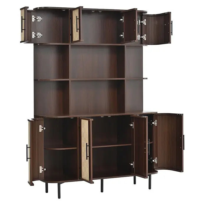 SONNENH Holz-Mehrzweckschrank, MDF, 120 x 20 cm, Walnuss -  - Dunkelbraunes Holzregal mit offenen Fächern und Schränken. Türen mit strukturierten Einsätzen oder gerilltem Design, schwarzen Griffen und Beinen.