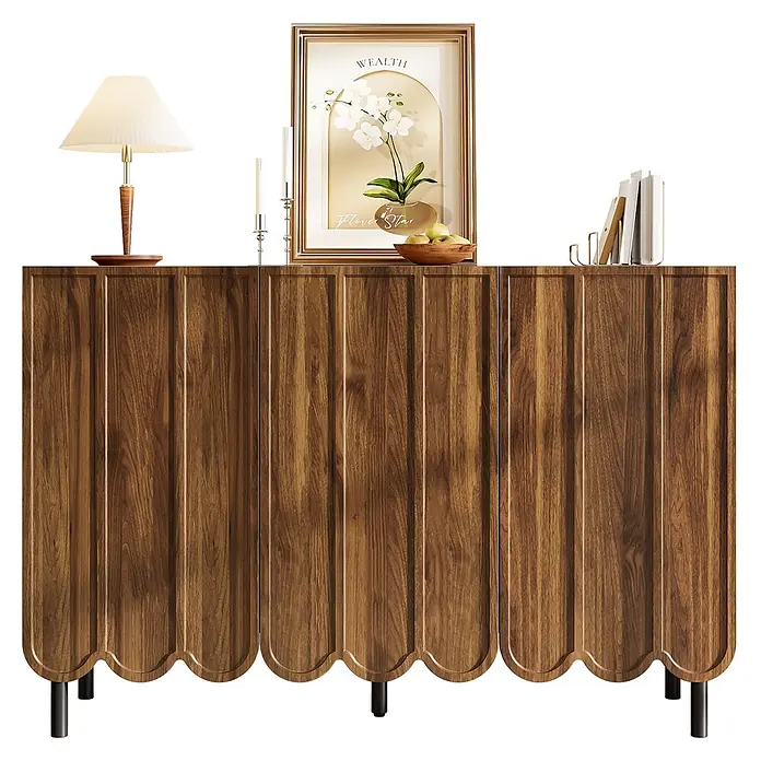 SONNENH Sideboard, MDF, 120 x 35 cm, Walnuss -  - Braunes Holzsideboard mit wellenförmigem Boden, geriffelten Türen und schwarzen Beinen.