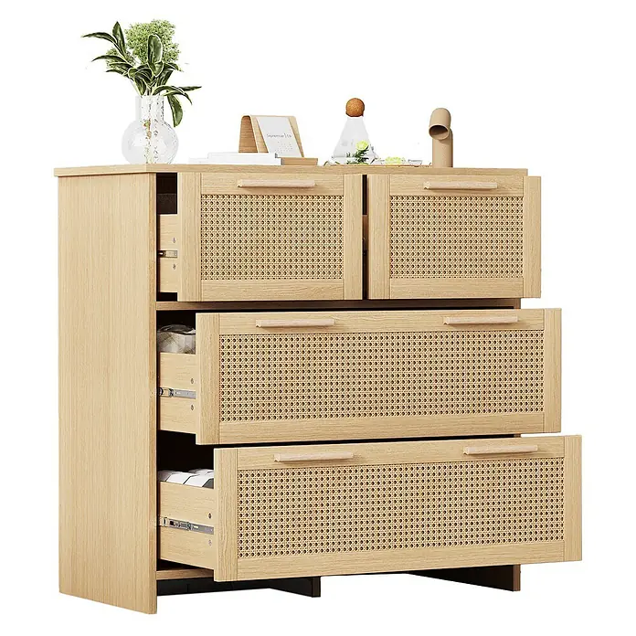 SONNENH Holz-Mehrzweckschrank, MDF, 80 x 38 cm, Natur -  - Helle Holz- und Rattan-Kommode mit mehreren geöffneten Schubladen.