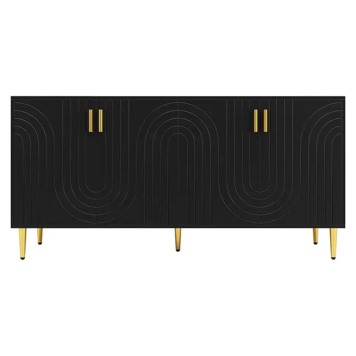 SONNENH Sideboard, MDF, 152 x 40 cm, Schwarz -  - Schwarzer Schrank mit goldenen Griffen und konischen Beinen, verziert mit einem gewölbten Rillenmuster auf den Türen.