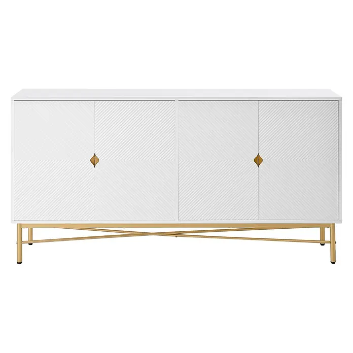SONNENH Sideboard, MDF und Spanplatte, 160 x 40 cm, Weiß -  - Weißes Sideboard mit strukturierten Türen, goldenen Metallbeinen und Griffen.