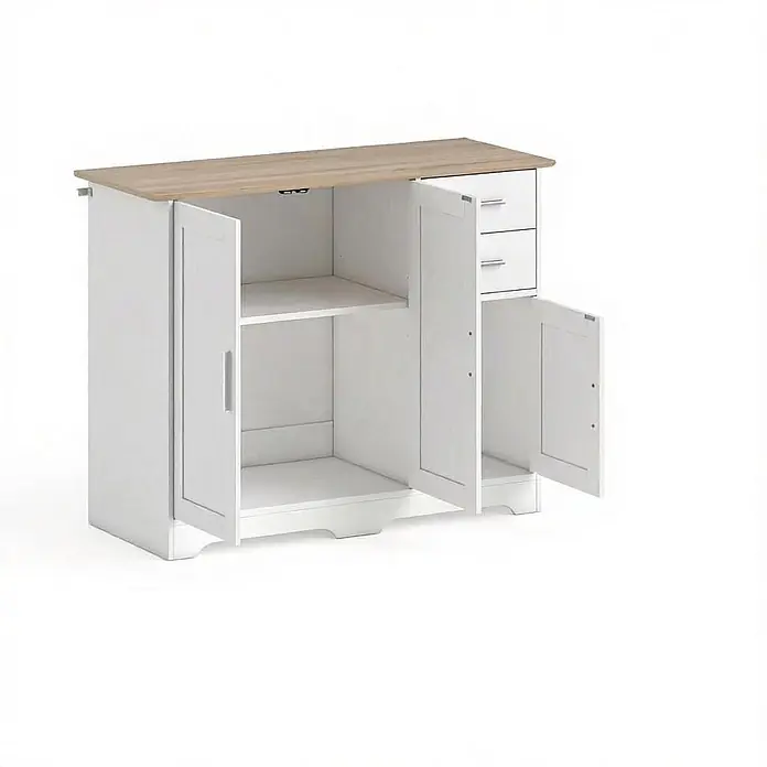SONNENH Sideboard, MDF und Spanplatte, 100 x 40 cm -  - Weißer Schrank mit heller Holzplatte, offenen Türen mit Einlegeböden und zwei oberen Schubladen.