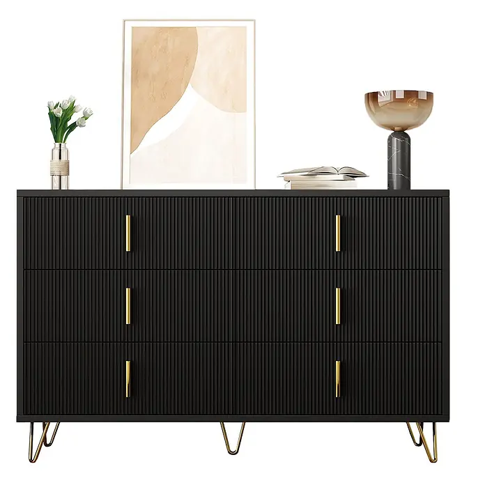 SONNENH Sideboard, Spanplatte, 120 x 40 cm, Schwarz/Gold -  - Schwarze Kommode mit drei Schubladen, geriffelter Oberfläche, goldenen Griffen und Haarnadelbeinen.