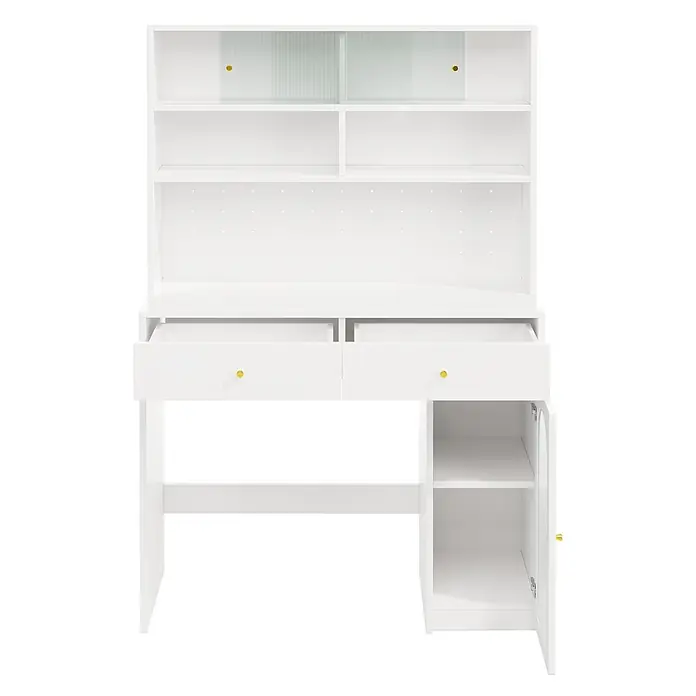 SONNENH Holz-Mehrzweckschrank, MDF, 120 x 45 cm, Weiß -  - Weißer Schreibtisch mit Aufsatz, zwei Schubladen mit goldenen Knäufen und einem Seitenschrank; einige Fächer haben Schiebetüren aus Milchglas.