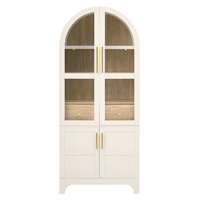 SONNENH Holz-Mehrzweckschrank, MDF und Glas, 76 x 40 cm, Weiß -  - Gewölbter Vitrinenschrank aus hellem Holz mit Glastüren, zwei sichtbaren Schubladen und massiven Untertüren, alle mit goldenen Griffen.