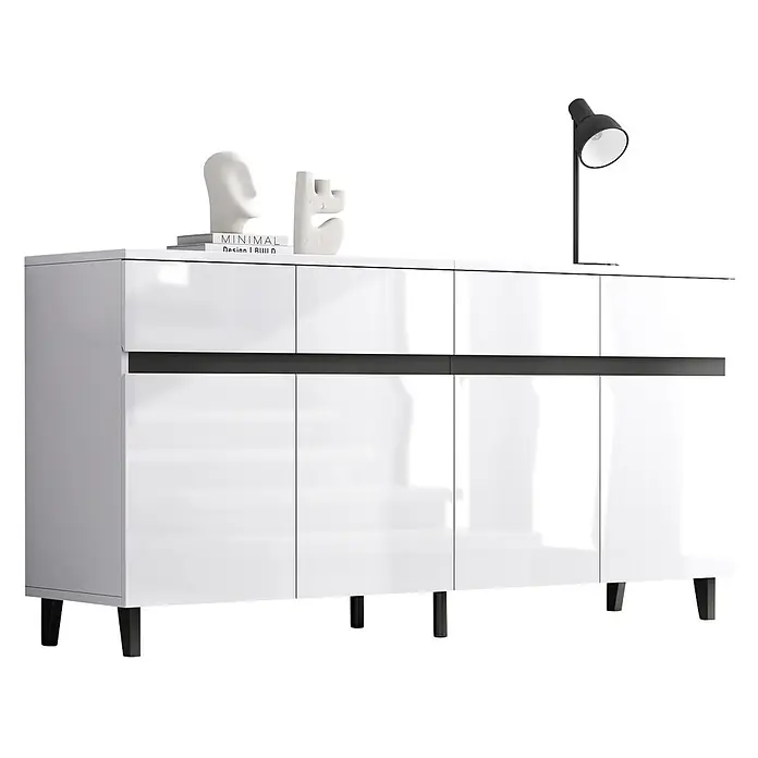 SONNENH Sideboard, Spanplatte, 160 x 40 cm, Weiß -  - Weißes Hochglanz-Sideboard mit schwarzem Akzent und Beinen, dekoriert mit minimalistischen Gegenständen und einer Lampe.