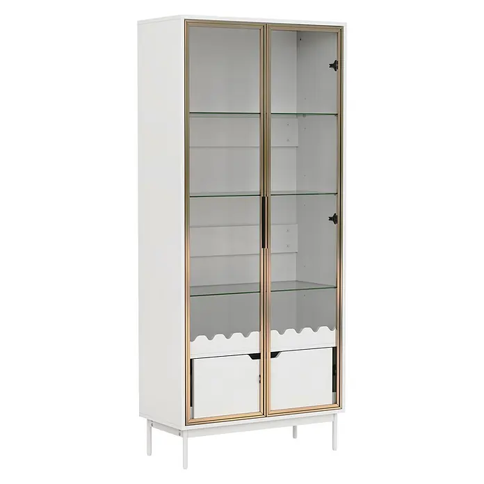 SONNENH Holz-Mehrzweckschrank, MDF, 75 x 35 cm, Gold/Weiß -  - Weißer Vitrinenschrank mit goldgerahmten Glastüren, Glasböden und zwei unteren Schubladen mit wellenförmigem Flaschenhalter.