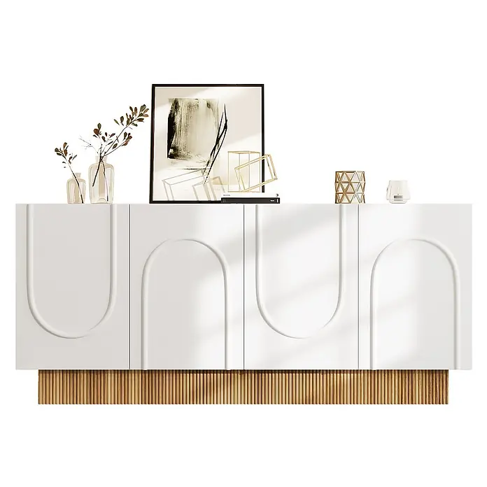 SONNENH Sideboard, Spanplatte, 160 x 38 cm -  - Weißes Sideboard mit gewölbten Paneeltüren, gerilltem Holzsockel und dekorativen Akzenten.