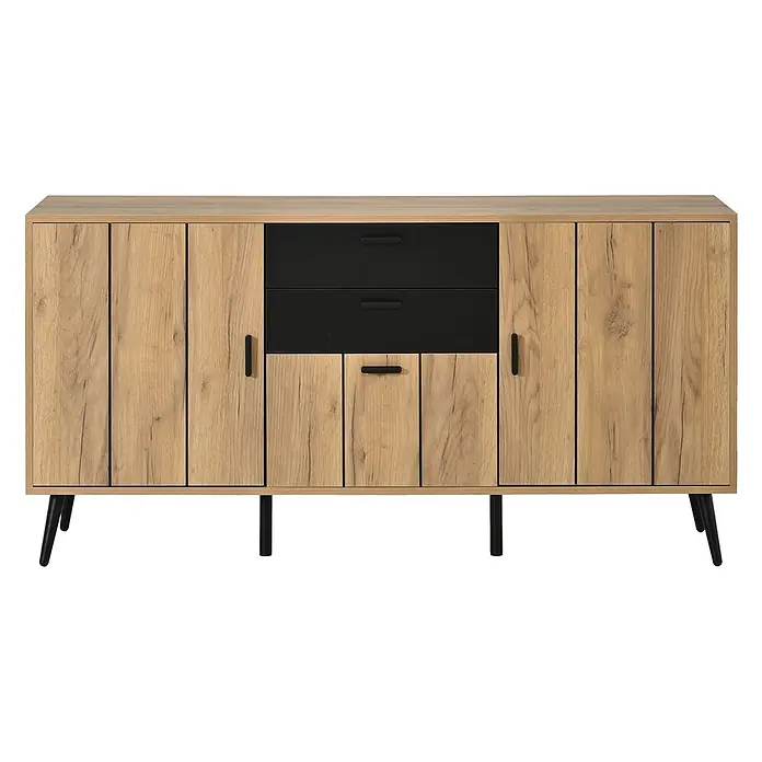 SONNENH Sideboard, MDF, 140 x 35 cm, Schwarz/Natur -  - Sideboard in Holzoptik mit zwei schwarzen Schubladen und drei Schranktüren, auf schwarzen Metallfüßen.