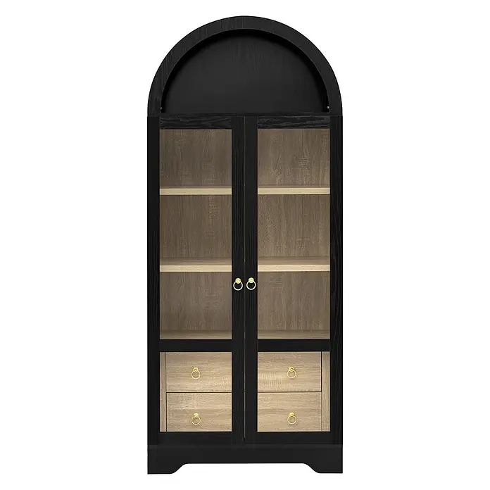 SONNENH Holz-Mehrzweckschrank, MDF und Glas, 76.2 x 40.1 cm, Schwarz -  - Schwarzer Bogenschrank mit Glastüren, hellen Holzregalen, zwei hellen Holzschubladen und goldenen Ringgriffen.