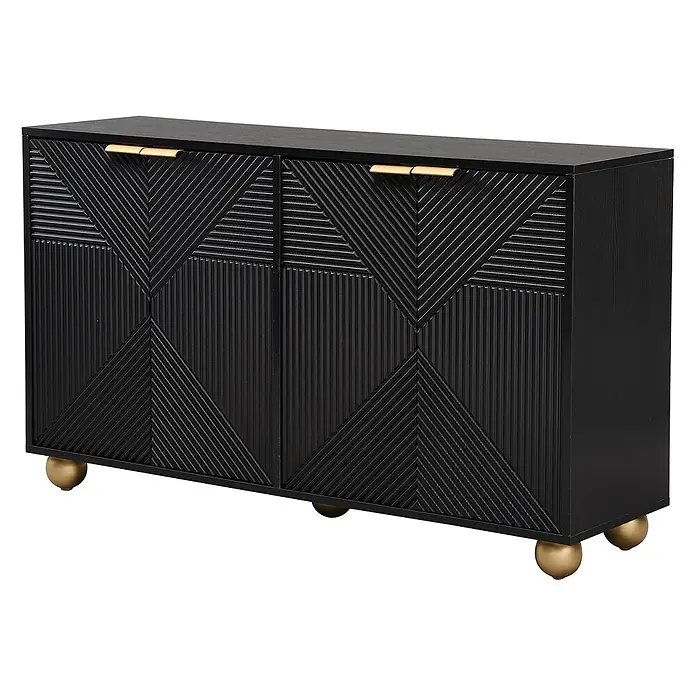 SONNENH Sideboard, MDF, 120 x 35 cm, Schwarz -  - Schwarzer Holzschrank mit strukturierten geometrischen Türen, goldenen Griffen und kugelförmigen Goldfüßen.