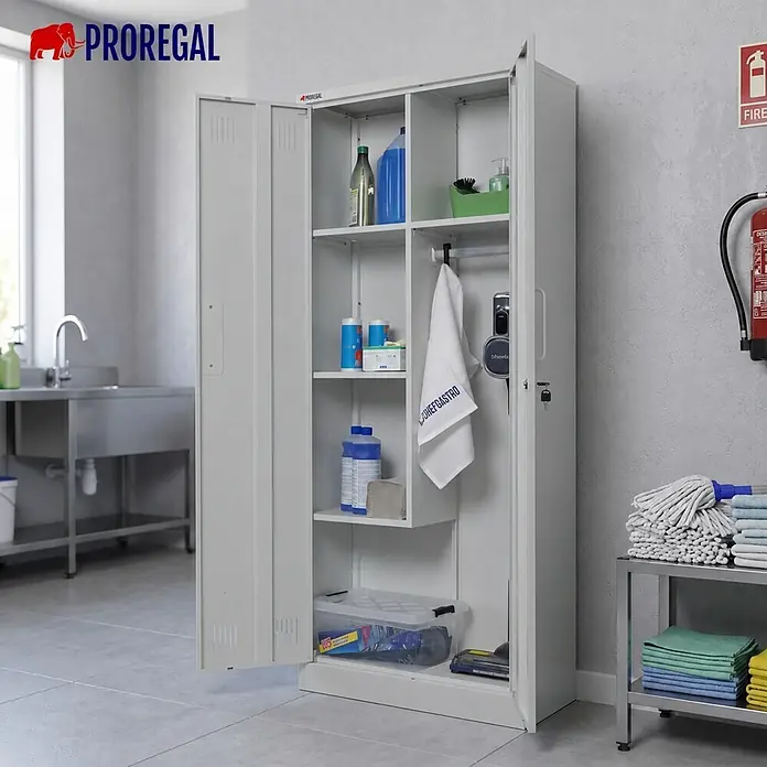 PROREGAL Putzmittelschrank RHINO Metall 170x70x30cm Lichtgrau 2 Türen - 