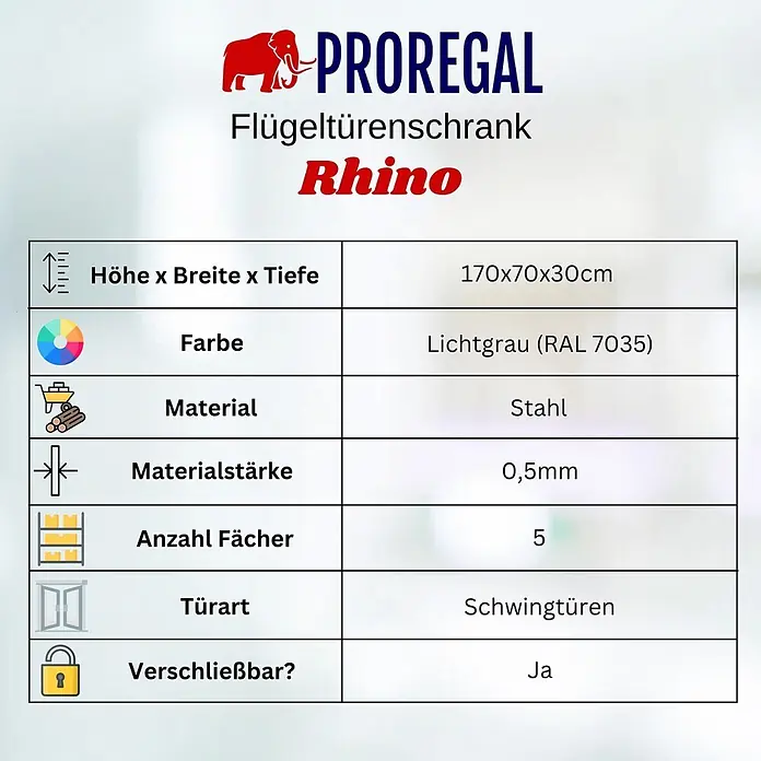 PROREGAL Putzmittelschrank RHINO Metall 170x70x30cm Lichtgrau 2 Türen - 