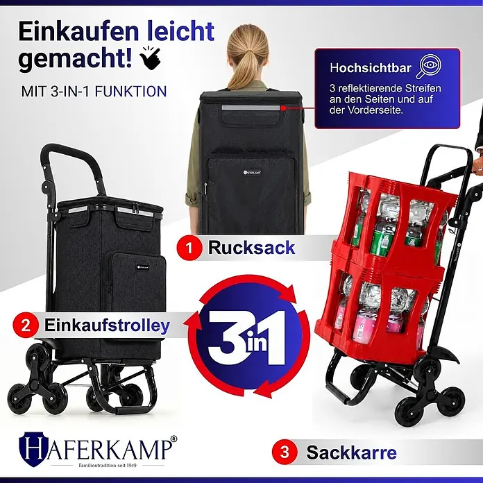 HAFERKAMP Klappbarer Treppensteiger-Einkaufstrolley TRAGINO 3-in1 Einkaufswagen Kühl- und Getränkefach groß & modern abnehmbare Tasche Schwarz Muster Volumen: 60 Liter -  - Schwarzer 3-in-1 Einkaufstrolley mit Reflektorstreifen, als Rucksack, Einkaufswagen und Sackkarre gezeigt.