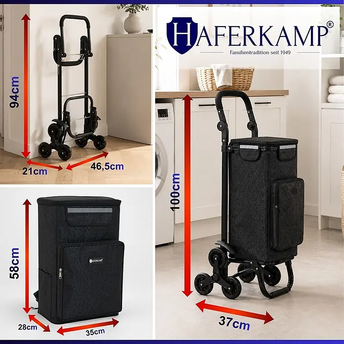 HAFERKAMP Klappbarer Treppensteiger-Einkaufstrolley TRAGINO 3-in1 Einkaufswagen Kühl- und Getränkefach groß & modern abnehmbare Tasche Schwarz Muster Volumen: 60 Liter -  - Schwarzer faltbarer Treppensteiger-Einkaufstrolley mit abnehmbarer Tasche. Maße: gefaltet (94x21x46.5cm), ausgeklappt (100x37cm), Tasche (58x35x28cm).