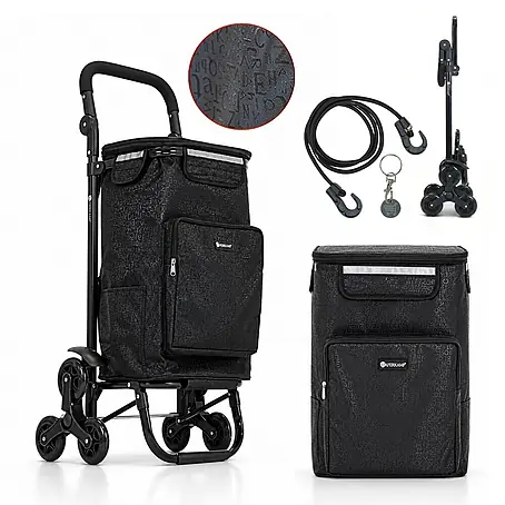 HAFERKAMP Klappbarer Treppensteiger-Einkaufstrolley TRAGINO 3-in1 Einkaufswagen Kühl- und Getränkefach groß & modern abnehmbare Tasche Schwarz Muster Volumen: 60 Liter