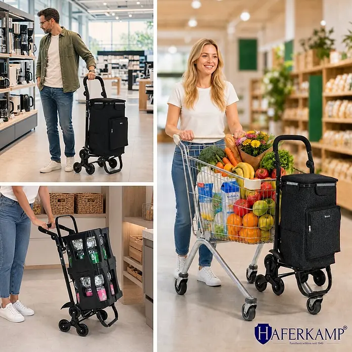 HAFERKAMP Klappbarer Treppensteiger-Einkaufstrolley TRAGINO 3-in1 Einkaufswagen Kühl- und Getränkefach groß & modern abnehmbare Tasche Schwarz Muster Volumen: 60 Liter -  - Schwarzer Einkaufstrolley mit Treppensteiger-Rädern, der zum Transport von Lebensmitteln und Flaschen verwendet wird.