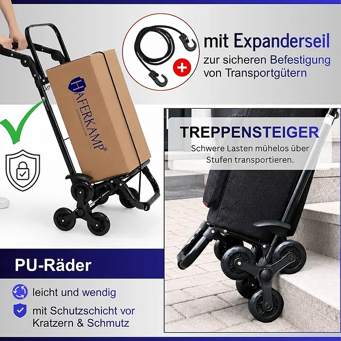 HAFERKAMP Klappbarer Treppensteiger-Einkaufstrolley TRAGINO 3-in1 Einkaufswagen Kühl- und Getränkefach groß & modern abnehmbare Tasche Schwarz Muster Volumen: 60 Liter -  - Robuste schwarze Treppenkarre mit PU-Rädern und Expanderseil, transportiert mühelos einen Karton Treppen hinauf.