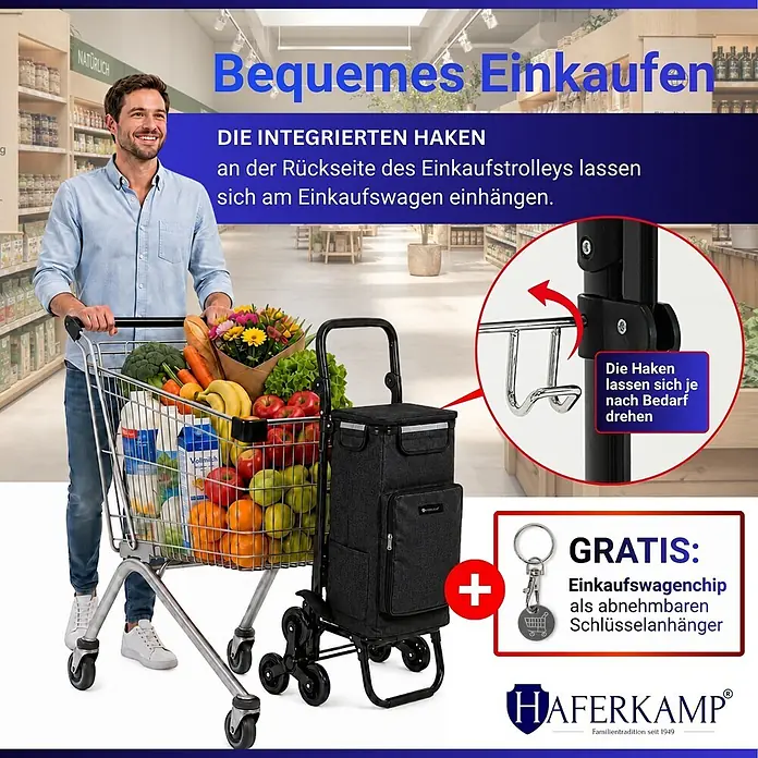HAFERKAMP Klappbarer Treppensteiger-Einkaufstrolley TRAGINO 3-in1 Einkaufswagen Kühl- und Getränkefach groß & modern abnehmbare Tasche Schwarz Muster Volumen: 60 Liter -  - Mann schiebt einen Einkaufswagen, daneben steht ein schwarzer Einkaufstrolley aus Stoff mit Mehrradsystem, der seine Haken und den Einkaufswagenchip zeigt.