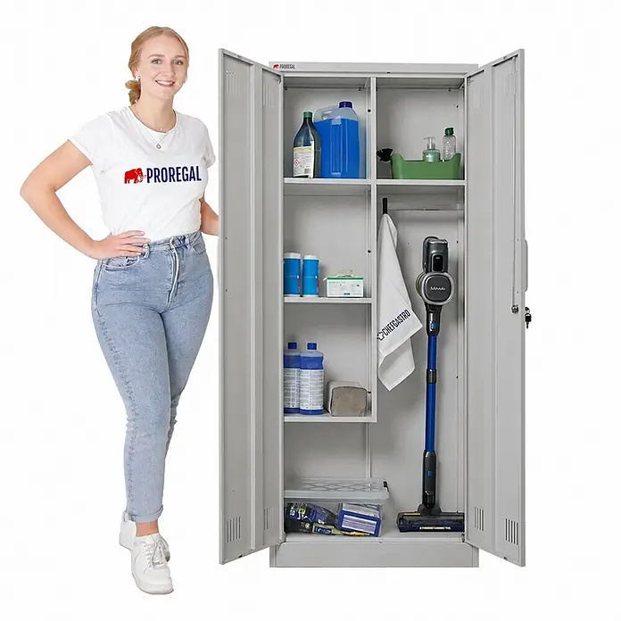 PROREGAL Putzmittelschrank RHINO Metall 170x70x30cm Lichtgrau 2 Türen - 