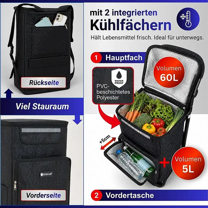 HAFERKAMP Klappbarer Treppensteiger-Einkaufstrolley TRAGINO 3-in1 Einkaufswagen Kühl- und Getränkefach groß & modern abnehmbare Tasche Schwarz Muster Volumen: 60 Liter -  - Schwarze Kühltasche aus PVC-beschichtetem Polyester mit 60L Hauptfach und 5L Vordertasche. Hält Lebensmittel unterwegs frisch.