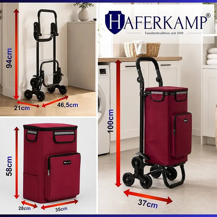 HAFERKAMP Klappbarer Treppensteiger-Einkaufstrolley TRAGINO 3-in1 Einkaufswagen Kühl- und Getränkefach groß & modern abnehmbare Tasche Bordeaux Rot Volumen: 60 Liter -  - Roter Einkaufstrolley mit schwarzem Gestell, gefaltet (94cm) und entfaltet (100cm). Die rote Tasche misst 58x35x28cm.