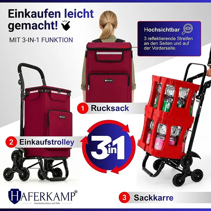 HAFERKAMP Klappbarer Treppensteiger-Einkaufstrolley TRAGINO 3-in1 Einkaufswagen Kühl- und Getränkefach groß & modern abnehmbare Tasche Bordeaux Rot Volumen: 60 Liter -  - Burgunderroter 3-in-1 Einkaufstrolley, Rucksack & Sackkarre mit Reflektorstreifen. Vielseitig für Transport.