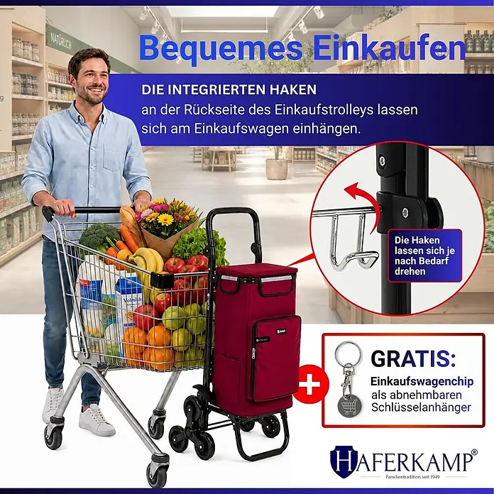 HAFERKAMP Klappbarer Treppensteiger-Einkaufstrolley TRAGINO 3-in1 Einkaufswagen Kühl- und Getränkefach groß & modern abnehmbare Tasche Bordeaux Rot Volumen: 60 Liter -  - Roter Einkaufstrolley mit sechs Rädern, an einen Einkaufswagen gehängt. Inklusive Einkaufswagenchip-Schlüsselanhänger.