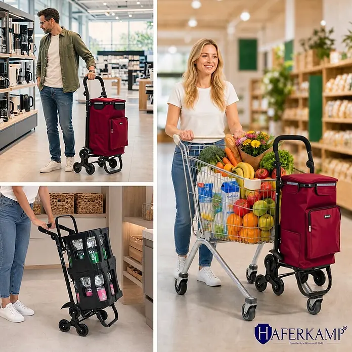 HAFERKAMP Klappbarer Treppensteiger-Einkaufstrolley TRAGINO 3-in1 Einkaufswagen Kühl- und Getränkefach groß & modern abnehmbare Tasche Bordeaux Rot Volumen: 60 Liter -  - Ein roter und schwarzer Treppensteiger-Einkaufstrolley, im Einsatz für Lebensmittel und Getränke.