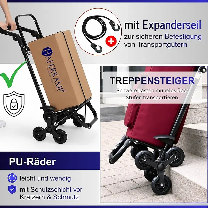 HAFERKAMP Klappbarer Treppensteiger-Einkaufstrolley TRAGINO 3-in1 Einkaufswagen Kühl- und Getränkefach groß & modern abnehmbare Tasche Bordeaux Rot Volumen: 60 Liter -  - Schwarze Treppensteiger Sackkarre mit PU-Rädern und Expanderseil zum Sichern von Lasten.