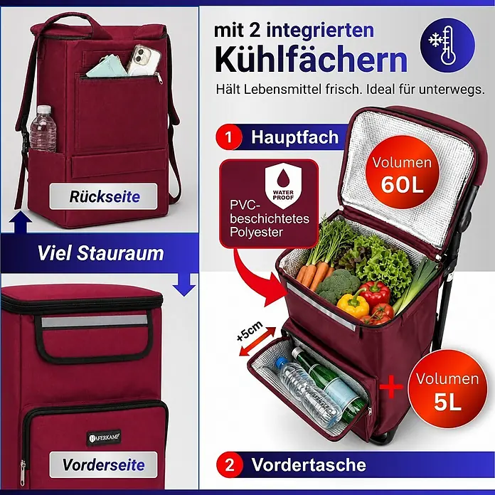 HAFERKAMP Klappbarer Treppensteiger-Einkaufstrolley TRAGINO 3-in1 Einkaufswagen Kühl- und Getränkefach groß & modern abnehmbare Tasche Bordeaux Rot Volumen: 60 Liter -  - Dunkelrote Kühltasche aus PVC-beschichtetem Polyester mit zwei integrierten Kühlfächern (60L + 5L) für frische Lebensmittel unterwegs.