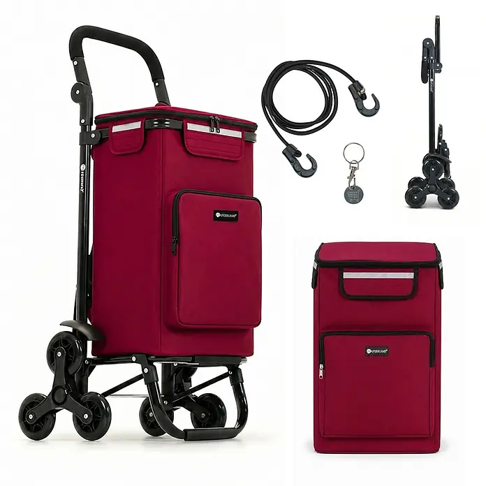 HAFERKAMP Klappbarer Treppensteiger-Einkaufstrolley TRAGINO 3-in1 Einkaufswagen Kühl- und Getränkefach groß & modern abnehmbare Tasche Bordeaux Rot Volumen: 60 Liter -  - Roter Einkaufstrolley mit Treppensteiger-Rädern und abnehmbarer Tasche, gezeigt mit Spanngurt und Einkaufswagenchip.