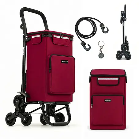 HAFERKAMP Klappbarer Treppensteiger-Einkaufstrolley TRAGINO 3-in1 Einkaufswagen Kühl- und Getränkefach groß & modern abnehmbare Tasche Bordeaux Rot Volumen: 60 Liter