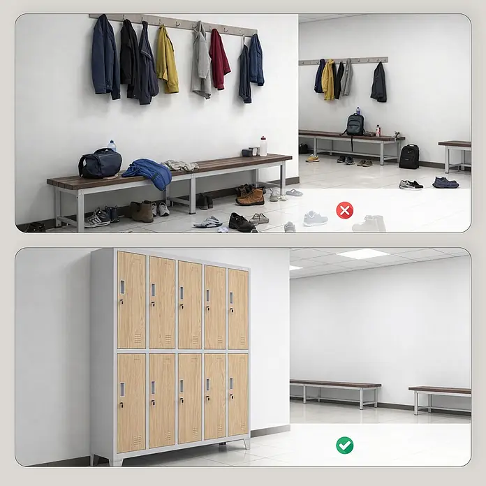 Jan Nowak Kleiderschrank BARTEK, 10-türig, 136x172x45 cm, Grau/Eiche Sonoma -  - Organisierte Umkleidekabine mit Reihen von hellen Holz- und Metallspinden, die für Ordnung und Sicherheit sorgen.