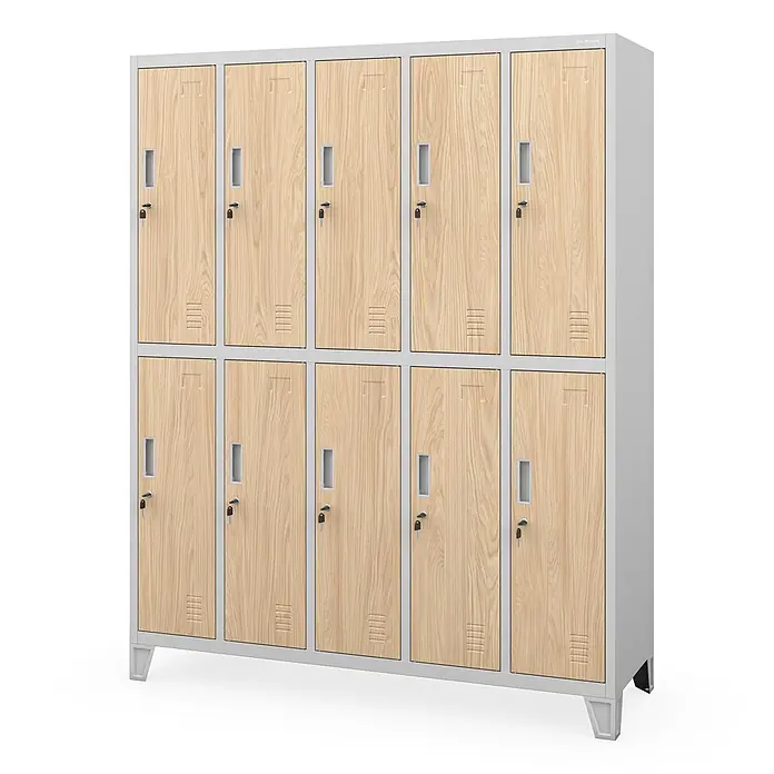 Jan Nowak Kleiderschrank BARTEK, 10-türig, 136x172x45 cm, Grau/Eiche Sonoma -  - Grauer Metallschrank mit 10 hellen Holztüren, jeweils mit Schlüsselschloss und integriertem Griff.