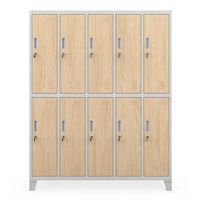 Jan Nowak Kleiderschrank BARTEK, 10-türig, 136x172x45 cm, Grau/Eiche Sonoma -  - Zweistöckiger Metallschrank mit 10 hellen Holzmaserungsfächern, grauem Rahmen, Griffen, Lüftungsschlitzen und Schlüsseln.