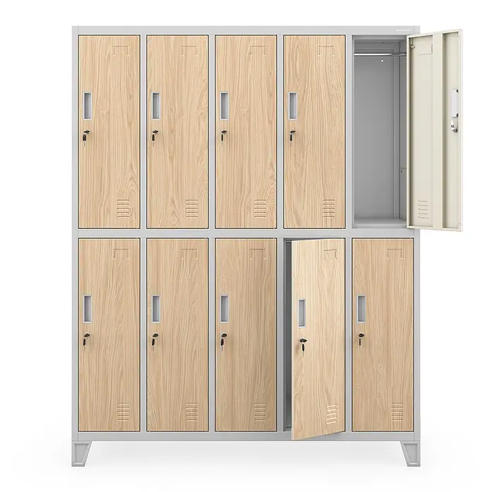 Jan Nowak Kleiderschrank BARTEK, 10-türig, 136x172x45 cm, Grau/Eiche Sonoma -  - Metallschränke mit heller Holzoptik und grauem Rahmen, eine obere Tür offen mit leerem Fach und Kleiderstange.