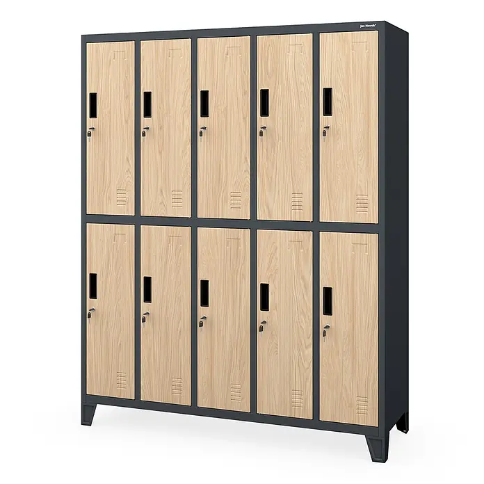 Jan Nowak Kleiderschrank BARTEK, 136x172x45 cm, Anthrazit/Eiche Sonoma -  - Zweireihiger Spind mit dunkelgrauem Rahmen und 10 hellen Eicheneffekt-Türen, jeweils mit Griff, Schloss und Belüftung.