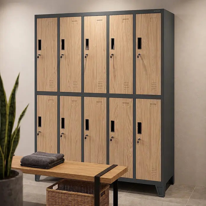 Jan Nowak Kleiderschrank BARTEK, 136x172x45 cm, Anthrazit/Eiche Sonoma -  - Ein großer grauer Metallspind mit hellen Holzoptiktüren, Griffen und Schlüsseln, in einem Raum mit einer Bank.