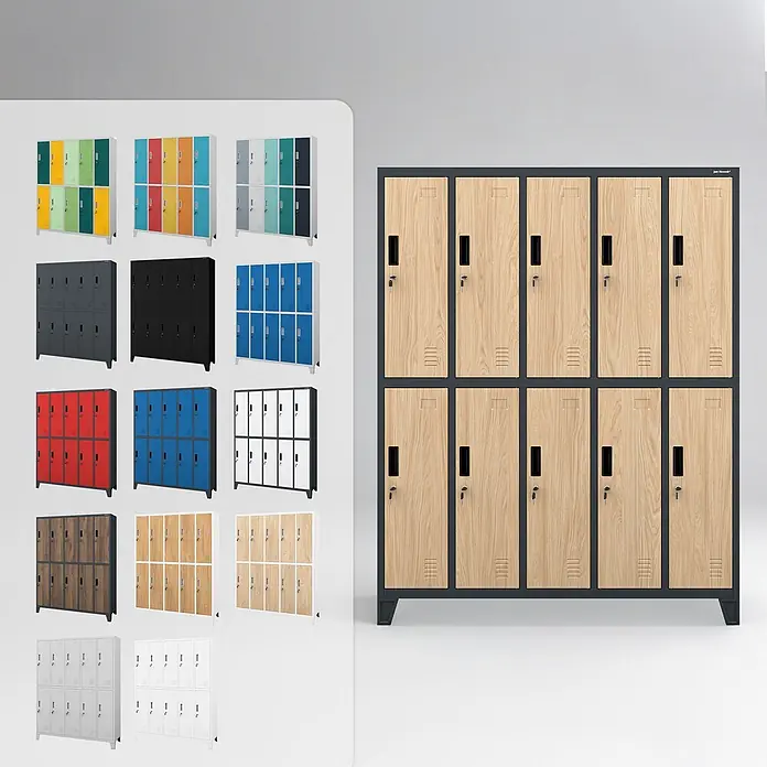 Jan Nowak Kleiderschrank BARTEK, 136x172x45 cm, Anthrazit/Eiche Sonoma -  - Metallschließfächer mit 10 hellen Holztüren, dunklem Rahmen, schwarzen Griffen und Schlüsselschlössern. Verschiedene Farb- und Stiloptionen.