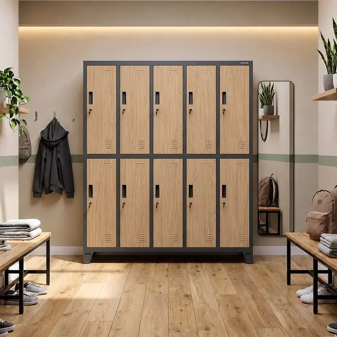Jan Nowak Kleiderschrank BARTEK, 136x172x45 cm, Anthrazit/Eiche Sonoma -  - Metallschränke mit hellen Holzfronten und dunkelgrauem Rahmen, zweistöckig in einem modernen Umkleideraum.