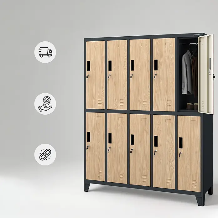 Jan Nowak Kleiderschrank BARTEK, 136x172x45 cm, Anthrazit/Eiche Sonoma -  - Jan Nowak Metallschranksystem mit zehn holzfarbenen Türen, eine offen mit Kleidung und Schuhen.