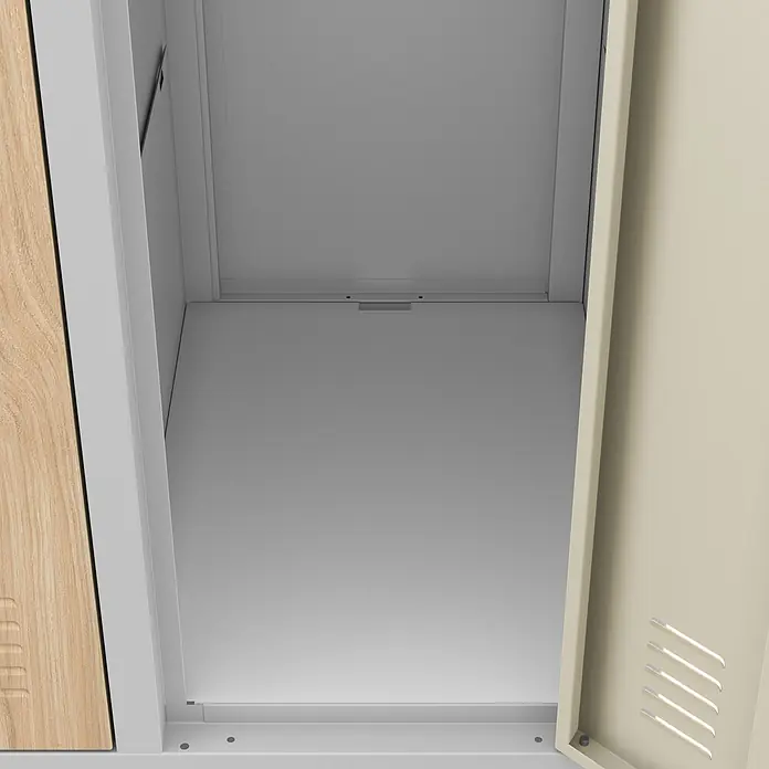 Jan Nowak Kleiderschrank BARTEK, 10-türig, 136x172x45 cm, Grau/Eiche Sonoma -  - Innenansicht eines offenen Schranks mit hellbrauner Holztür links und beiger Metalltür mit Belüftung rechts.