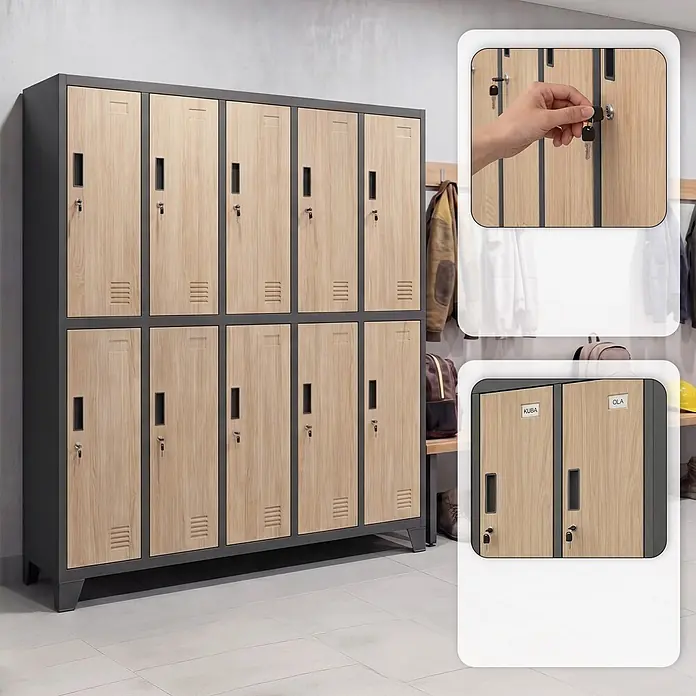Jan Nowak Kleiderschrank BARTEK, 136x172x45 cm, Anthrazit/Eiche Sonoma -  - Geräumiger Metallschrank mit 10 hellen Holztüren, ideal für Umkleideräume oder Büros.