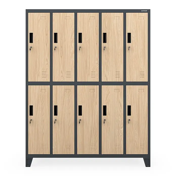 Jan Nowak Kleiderschrank BARTEK, 136x172x45 cm, Anthrazit/Eiche Sonoma -  - Zwei Reihen von fünf Holz-Look-Schränken mit dunkelgrauen Rahmen, Griffen und Schlüsseln, zur Aufbewahrung.