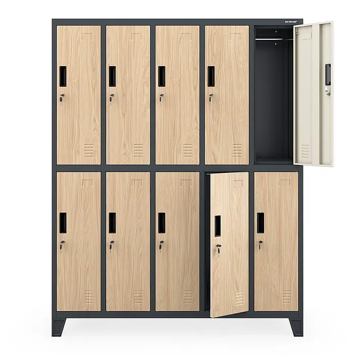 Jan Nowak Kleiderschrank BARTEK, 136x172x45 cm, Anthrazit/Eiche Sonoma -  - Dunkelgrauer Metallspind mit 10 hellen Holzdekor-Türen, eine offen mit Stange.